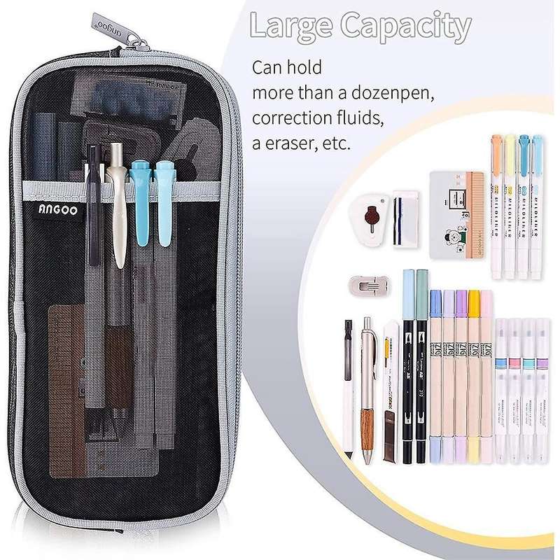 Angoo Grid Mesh Pen Pencil Case with Zipper Clear Makeup Pouch, Black