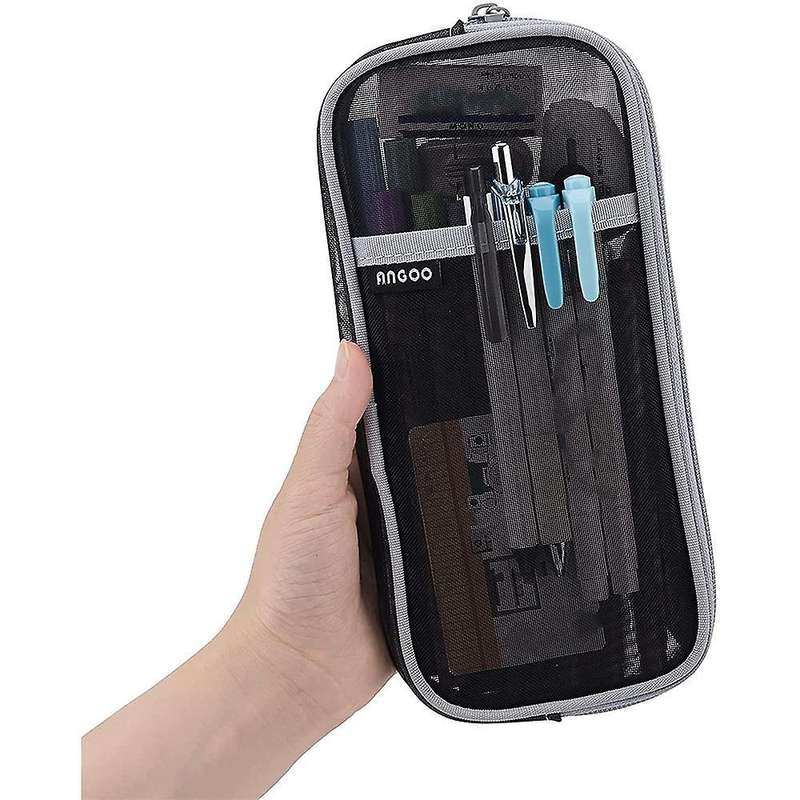 Angoo Grid Mesh Pen Pencil Case with Zipper Clear Makeup Pouch, Black