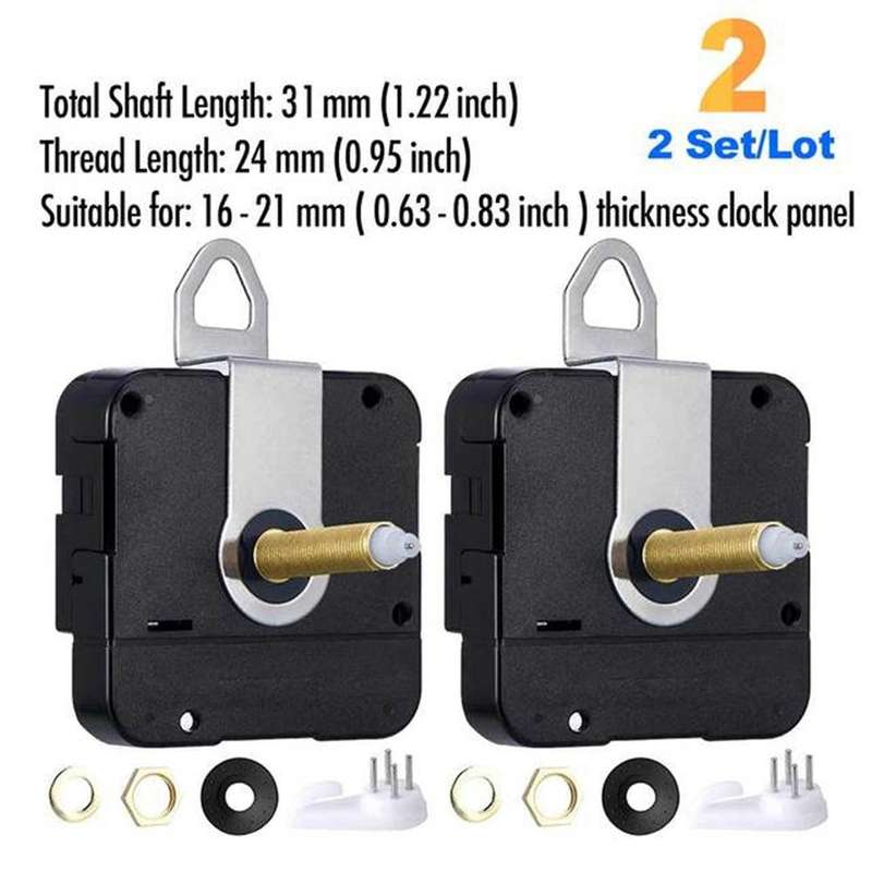 2pc Long Shaft Non-ticking Quartz Diy Wall Clock Decor Timepiece 24mm