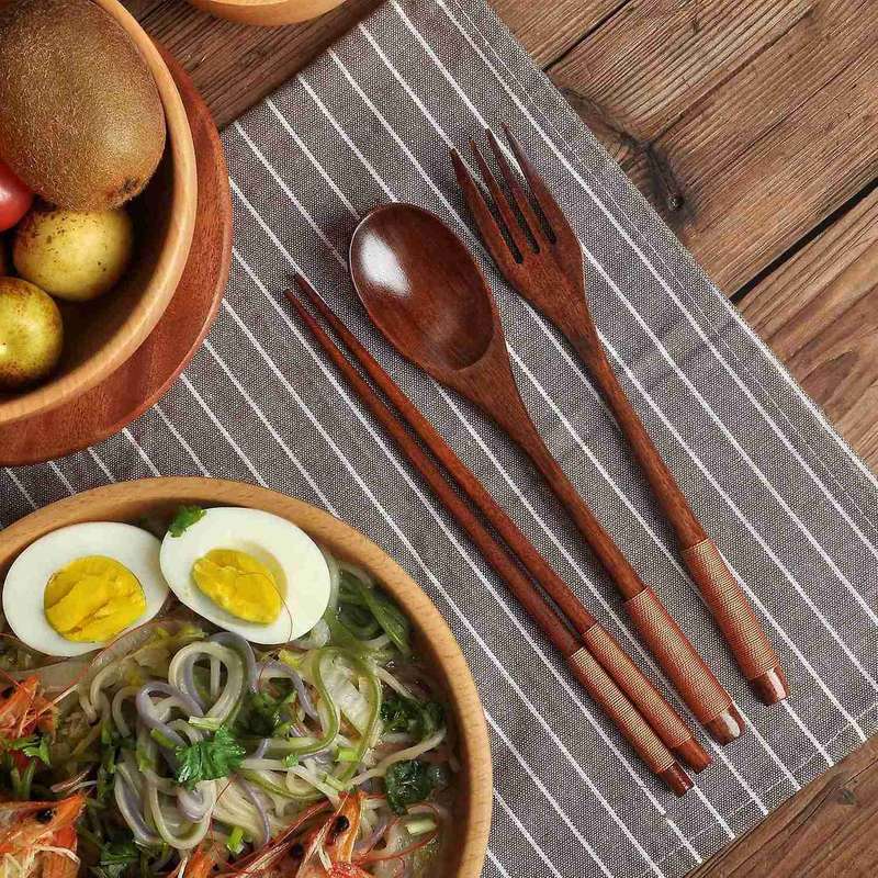 Wooden Flatware Set, Eco Friendly Portable Set Spoon Fork Chopsticks