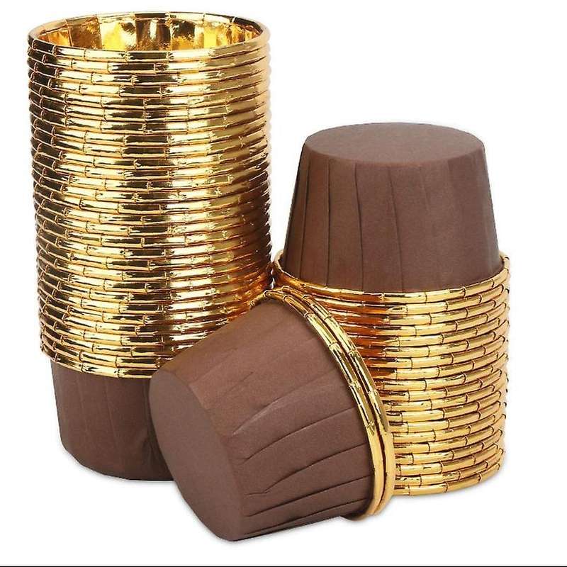 50pcs Aluminum Foil Cupcake Cups Disposable Baking Cups-gold + Brown