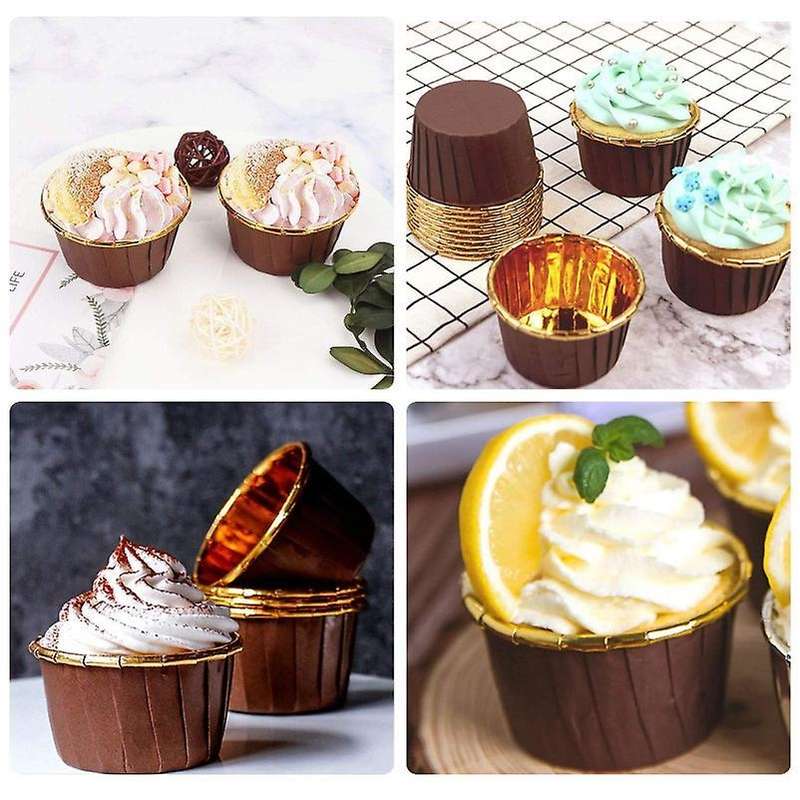 50pcs Aluminum Foil Cupcake Cups Disposable Baking Cups-gold + Brown