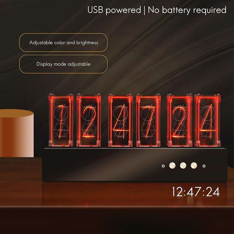 6 Bit Rgb Imitated Tube Clock Digital Led Clock with Usb Cable Black