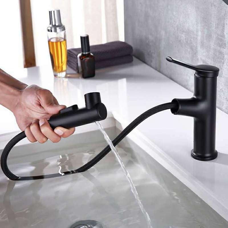 Deck Mounted Single Handle Pull Out Sink Mixer Tap Bathroom, Black