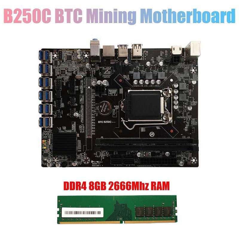 B250c Btc Mining Motherboard+ddr4 8g 2666mhz Ram 12xpcie to Usb3.0