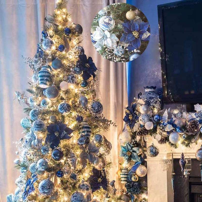 Christmas Glitter 20pcs Artificial Wedding Christmas Flowers (blue)