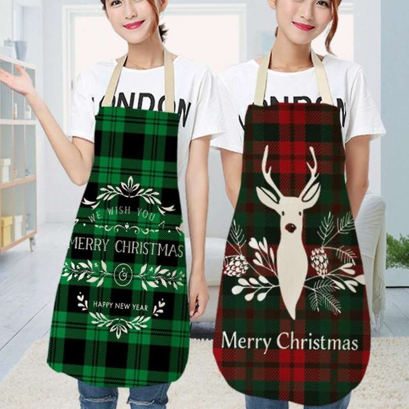 Christmas Apron Plaid Printing Kitchen Cotton Linen Adult Bibs ,b