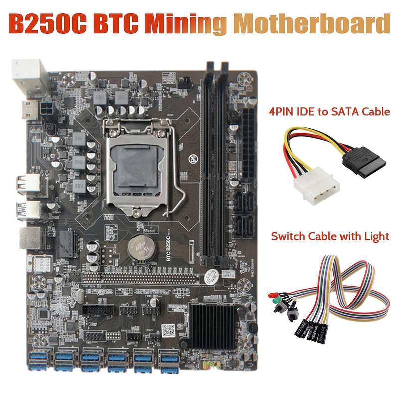 B250c Miner Motherboard+dual Switch Cable with 4pin Ide to Sata Cable