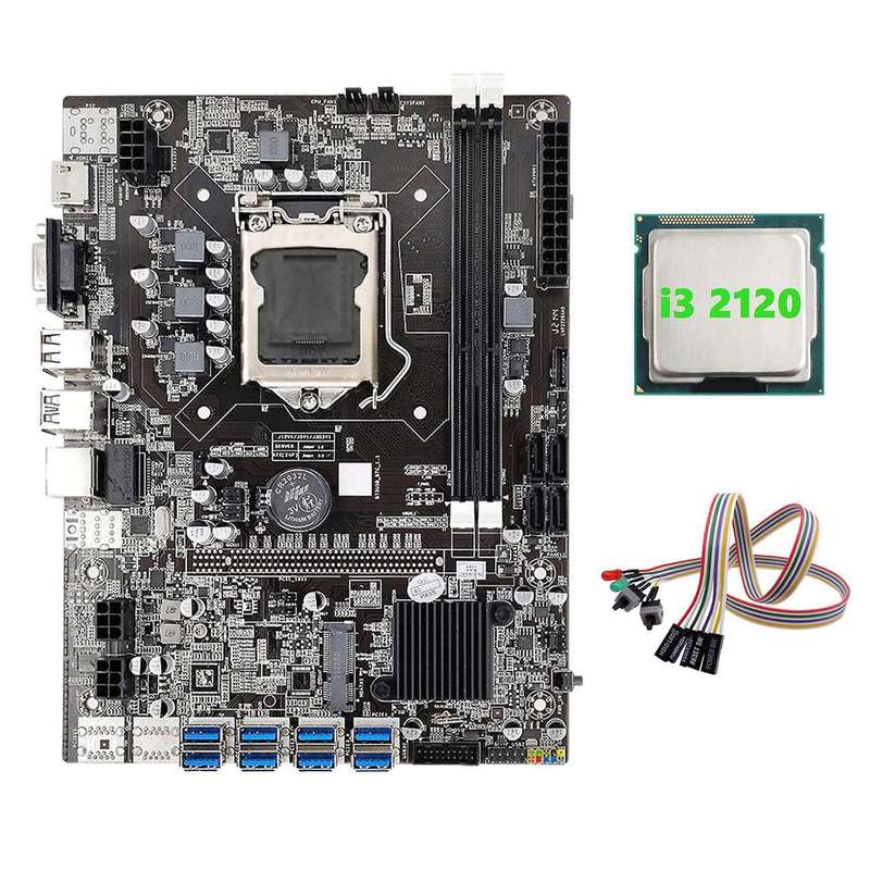 B75 Eth Mining Motherboard 8xpcie to Usb+i3 2120 Cpu with Light