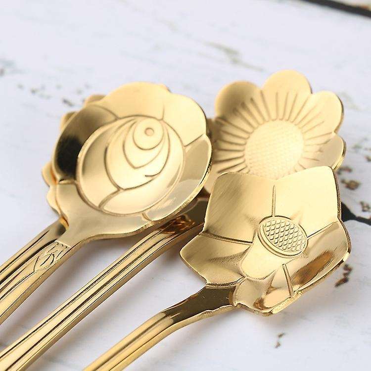 4pcs Cute Stainless Steel Flower Teaspoon Dessert Coffee Spoon Gold