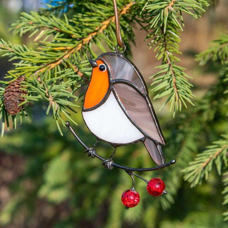 Hanging Birds On Wire High Stained Suncatcher Decor - Sitting Robin