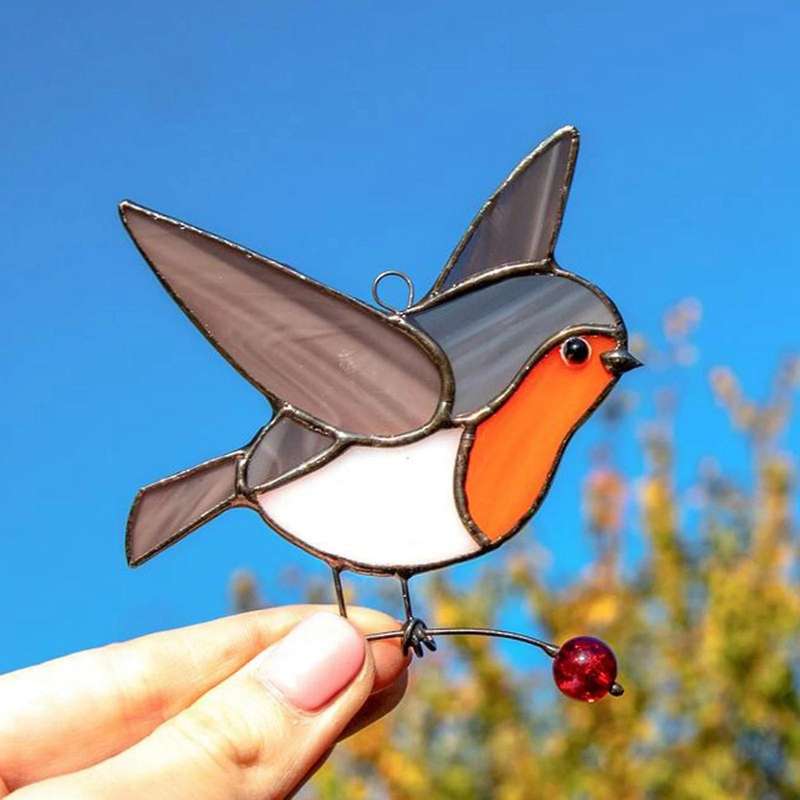 Hanging Birds On Wire High Stained Suncatcher Decor - Sitting Robin