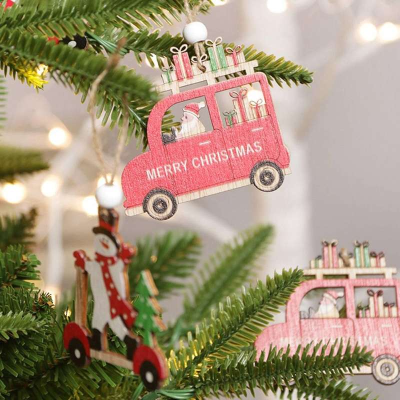 9 Pcs Christmas Car Wooden Pendants Home Decor New Year Kids Gift, B