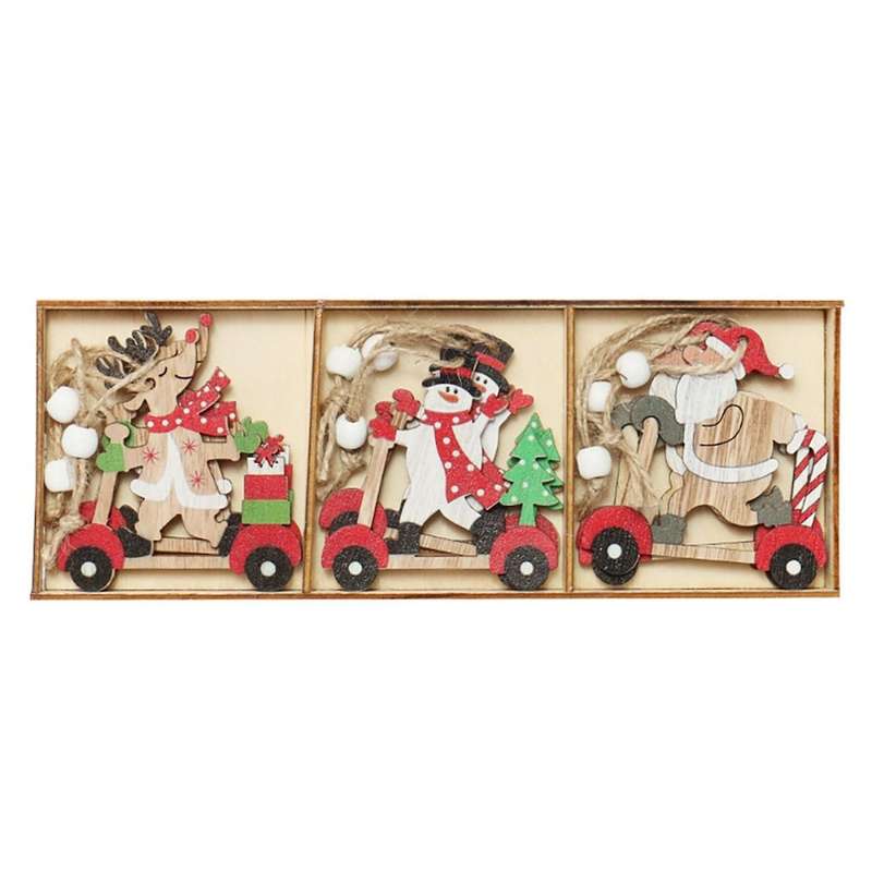 9 Pcs Christmas Car Wooden Pendants Home Decor New Year Kids Gift, B
