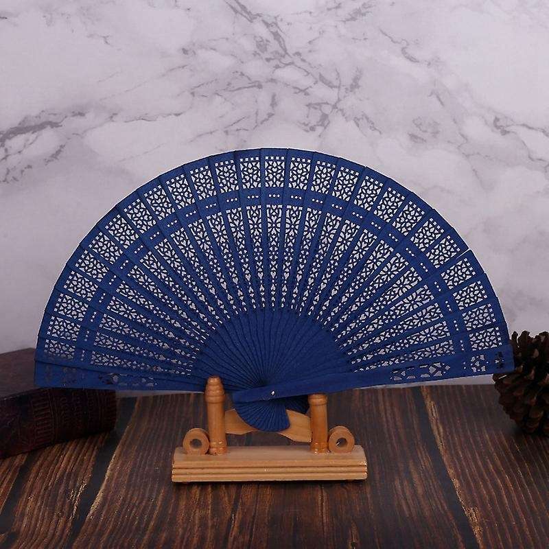 8 Inch Folding Wooden Hand Flower Bamboo Pocket Fan-blue