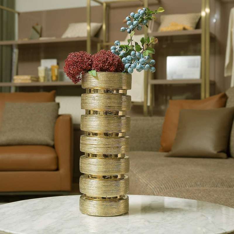 12.5 Inch Tall Modern Gold Tone Design Ceramic Flower Vase