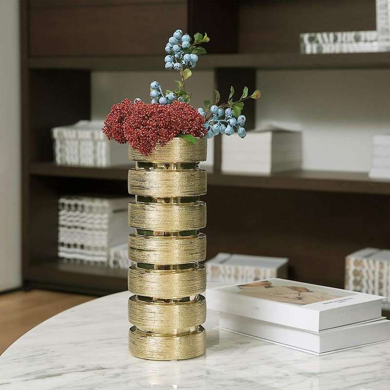 12.5 Inch Tall Modern Gold Tone Design Ceramic Flower Vase