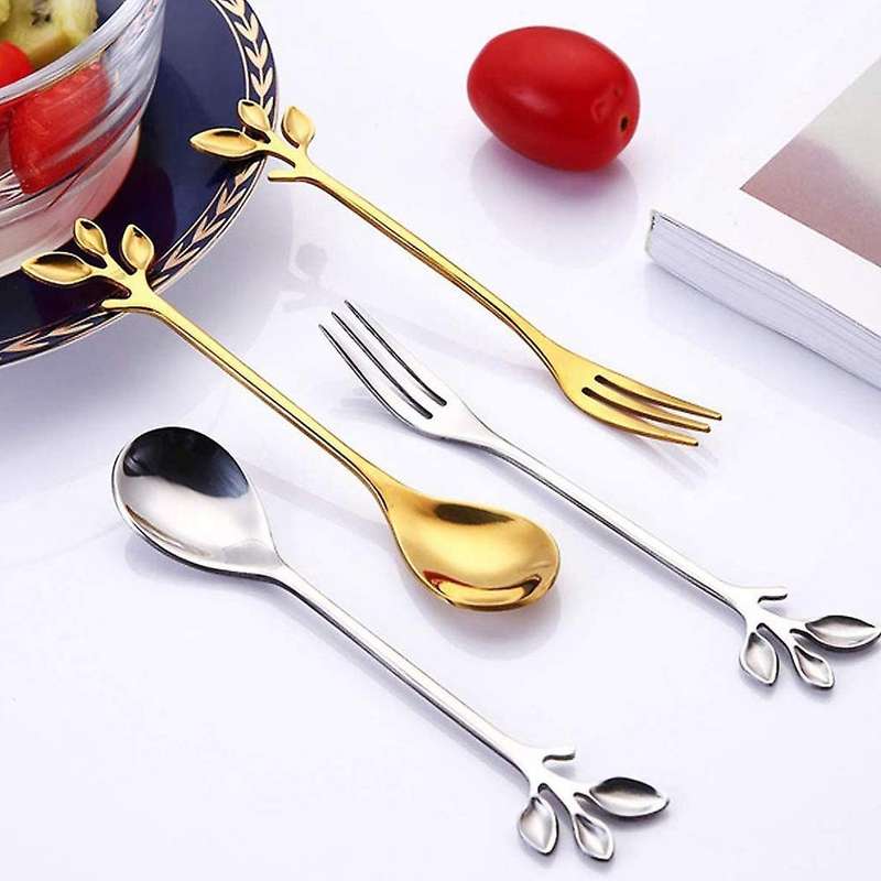 5spoon+5forks Stainless Steel Leaf Spoon Fork Dessert Spoons, Golden