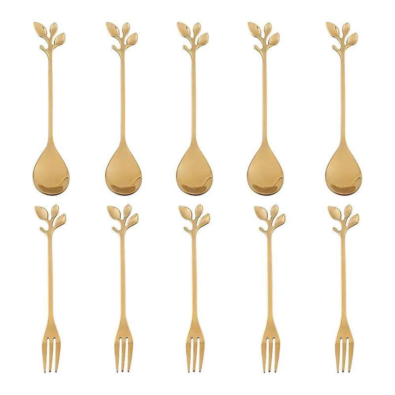 5spoon+5forks Stainless Steel Leaf Spoon Fork Dessert Spoons, Golden