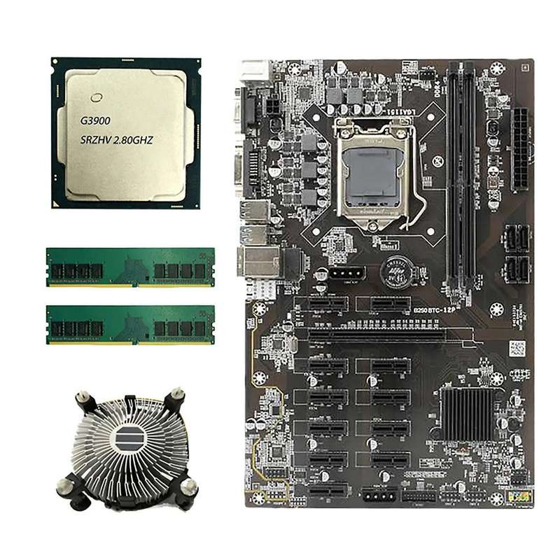 B250 Btc Mining Motherboard with G3900 Cpu+2x4g Ddr4 Ram+ Fan 12 Pcie