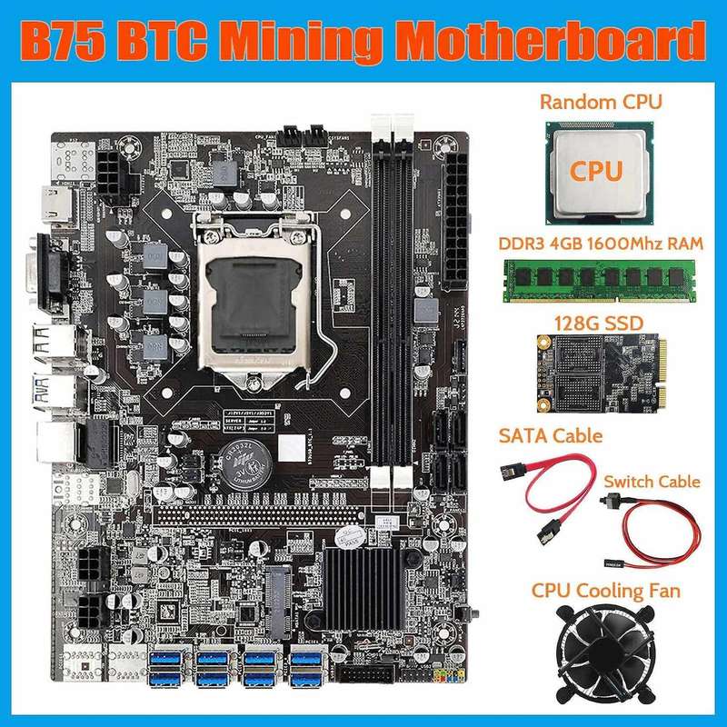 B75 Btc Mining Motherboard+cpu+fan+ddr3 4gb 1600mhz Ram+128g Ssd