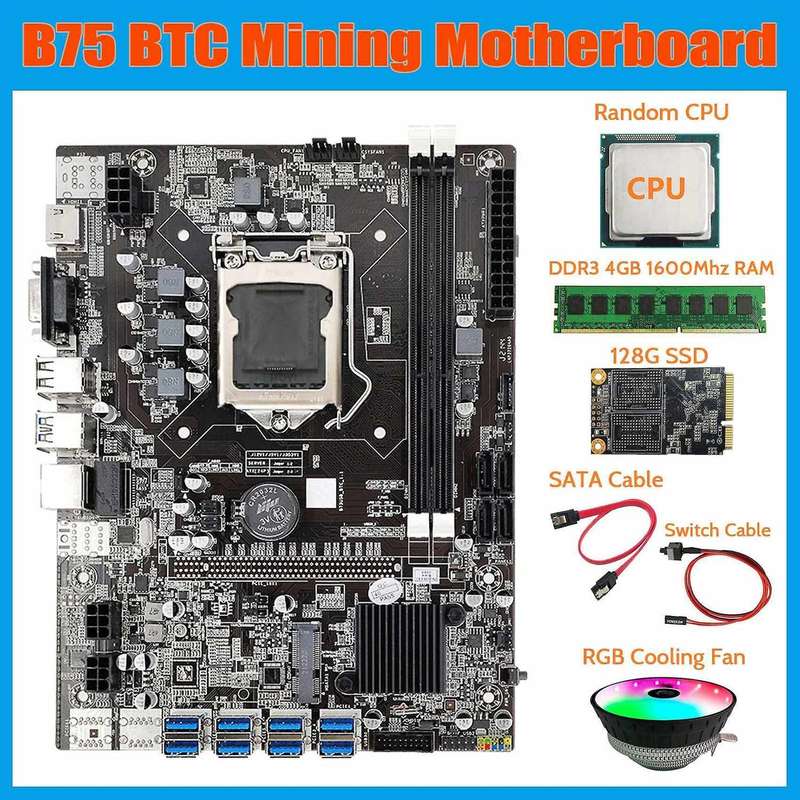 B75 Btc Mining Motherboard+rgb Fan+128g Ssd+sata Cable+switch Cable