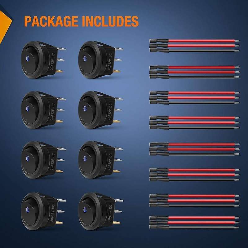 8pcs 12v 20a Round Blue Toggle Led Rocker Switch with 24pcs Wires