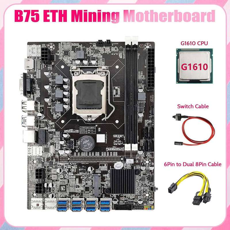 Motherboard 8xpcie to Usb+g1610 Cpu+6pin to Dual Cable+switch Cable