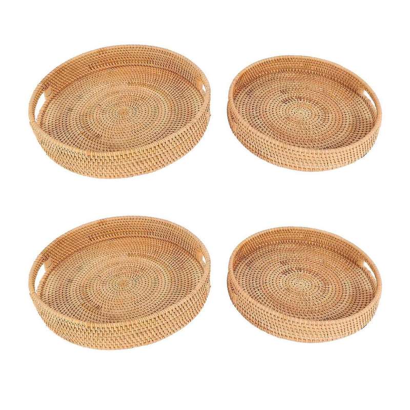 Rattan Handwoven Round High Wall Severing Tray Storage (set Of 4:s+l)