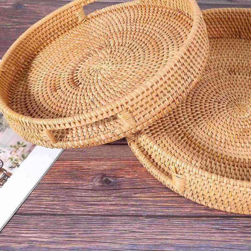 Rattan Handwoven Round High Wall Severing Tray Storage (set Of 4:s+l)
