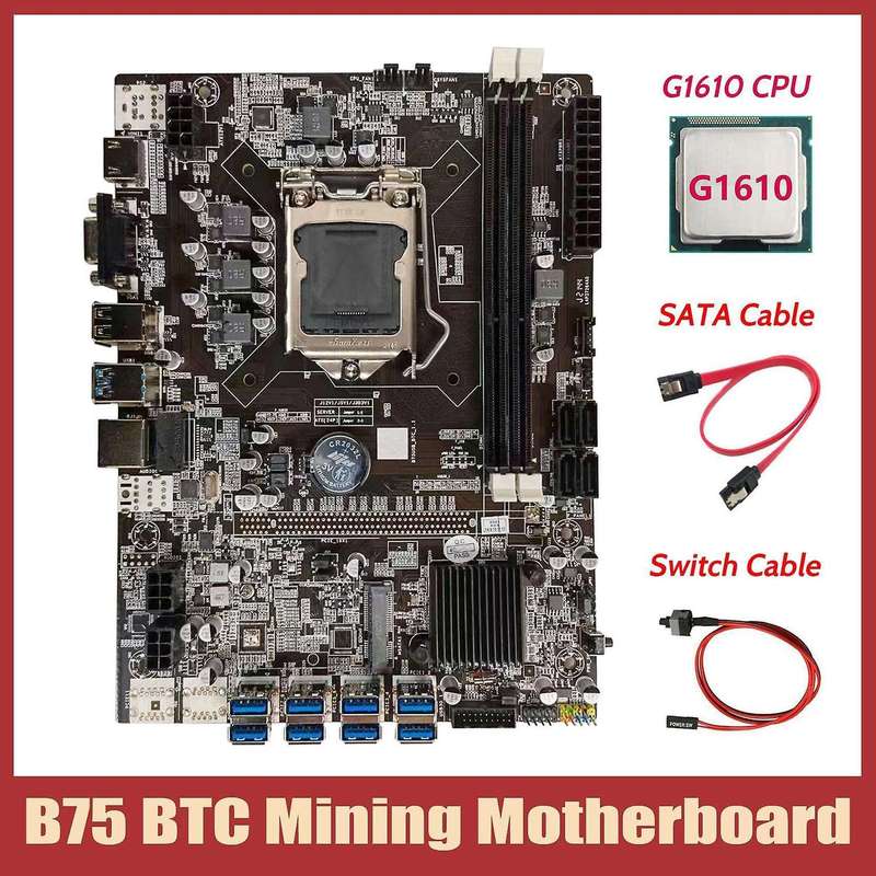 B75 Btc Mining Motherboard+g1610 Cpu+sata Cable+switch Cable Lga1155