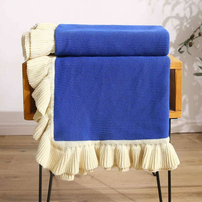 Ruffled Soft Woolen Blanket, Cotton Knitted Blanket, Sofa(navy Blue)