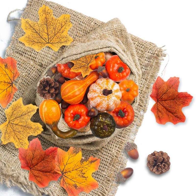 Artificial Pumpkins Set, Silk Maple Leaf Acorns Pine Cones Pumpkin