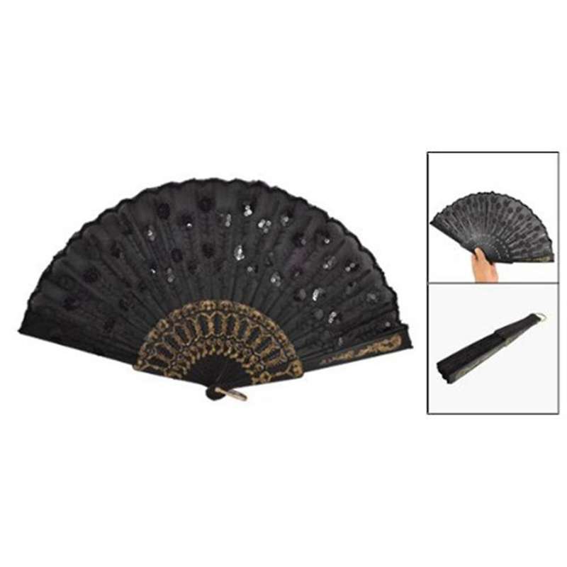 2x Black Plastic Frame Embroidery Floral Detail Folding Hand Fan