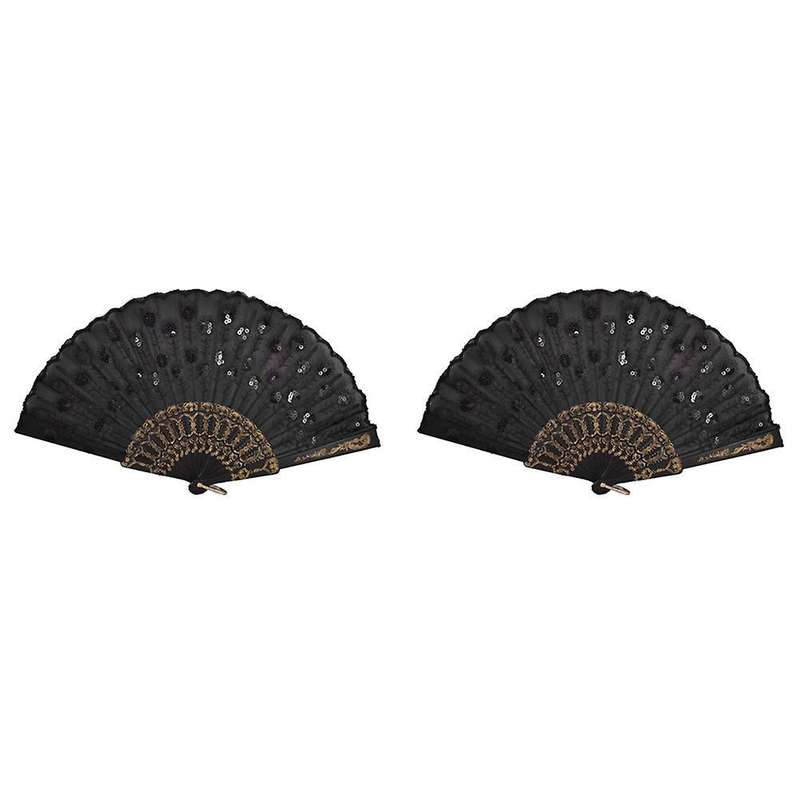 2x Black Plastic Frame Embroidery Floral Detail Folding Hand Fan