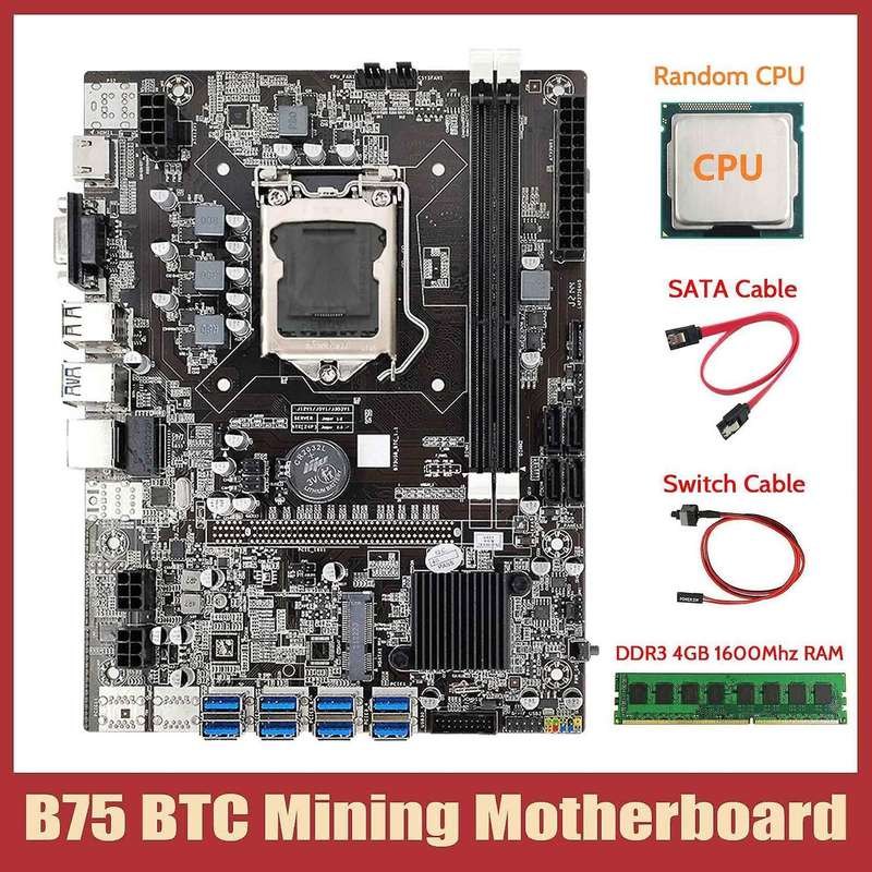 B75 Eth Mining Motherboard+cpu+ddr3 4gb Ram+switch Cable+sata Cable