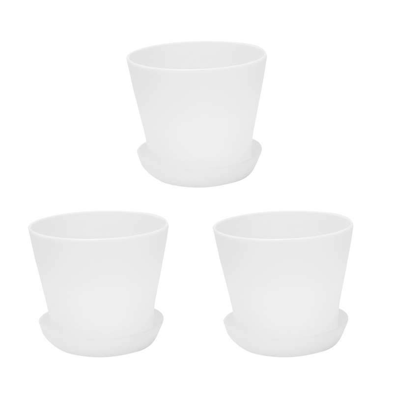 3x Plastic Plant Flower Pot with Tray Round White Upper Caliber 10cm