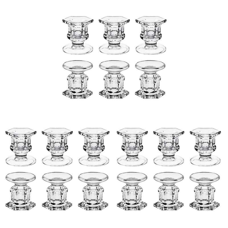 6 Pack Glass Clear Candlestick Holders Fit 1.85inch Pillar Or 7/8inch