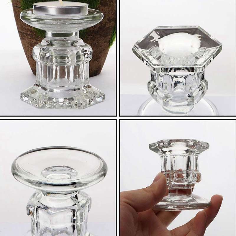 6 Pack Glass Clear Candlestick Holders Fit 1.85inch Pillar Or 7/8inch