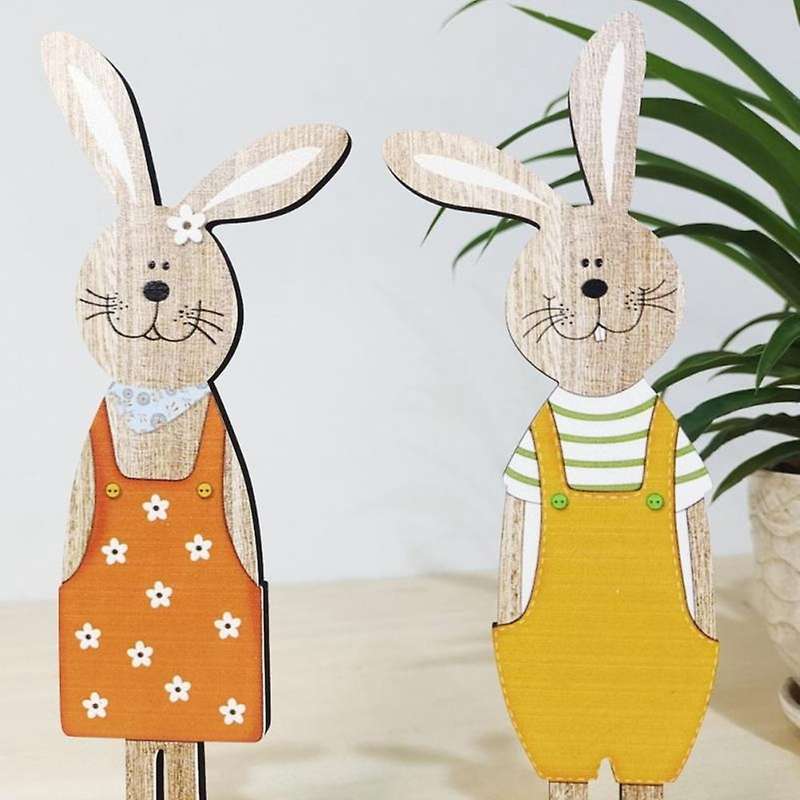 2 Pcs Easter Wooden Rabbit Ornaments Stand Up Plaques Cute Small