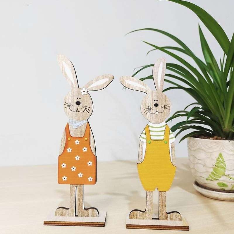 2 Pcs Easter Wooden Rabbit Ornaments Stand Up Plaques Cute Small