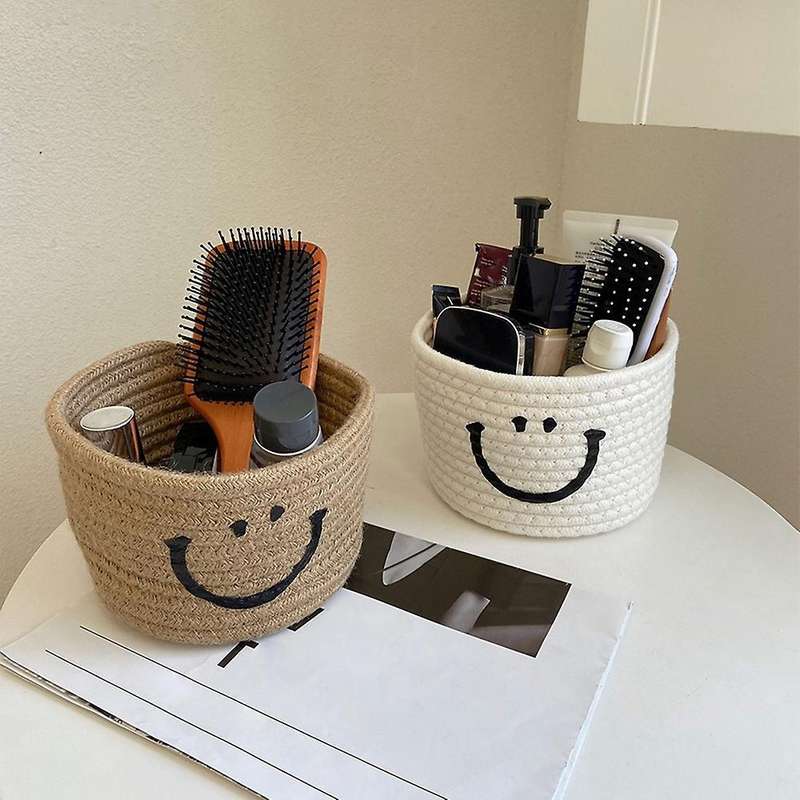 Smile Small Woven Cotton Rope Storage Baskets, Grey