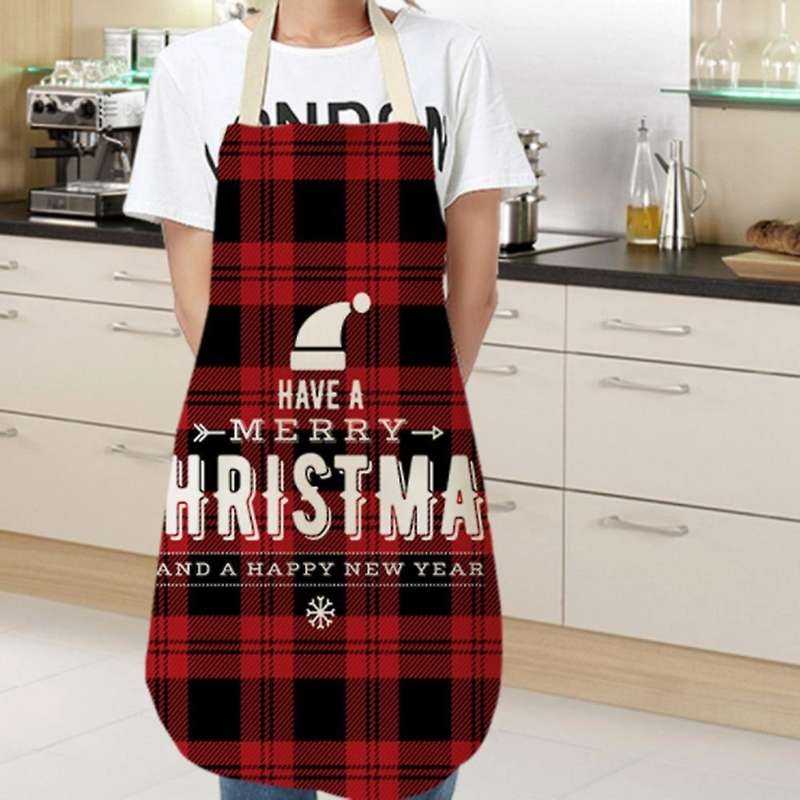 Christmas Apron Plaid Printing Kitchen Cotton Linen Adult Bibs ,g