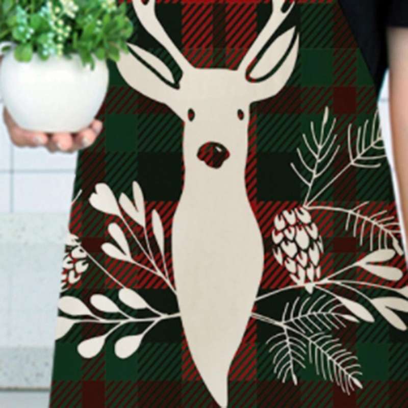 Christmas Apron Plaid Printing Kitchen Cotton Linen Adult Bibs ,g