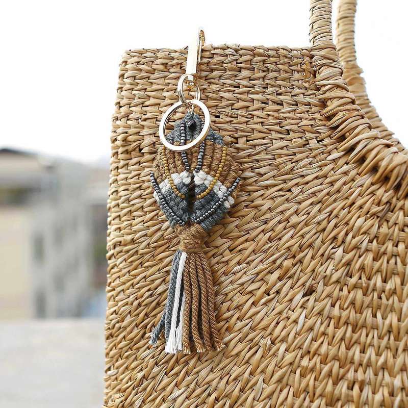 Mixed Seed Beaded Braided Fish Shape Macrame Tassel Keychain, A