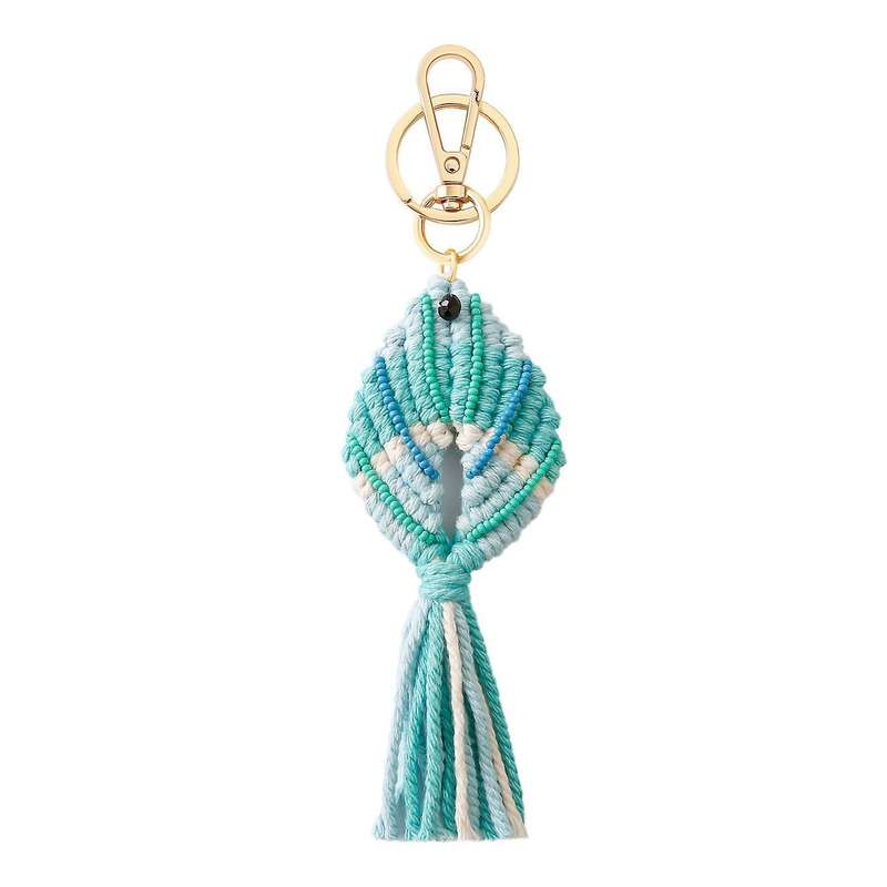 Mixed Seed Beaded Braided Fish Shape Macrame Tassel Keychain, A