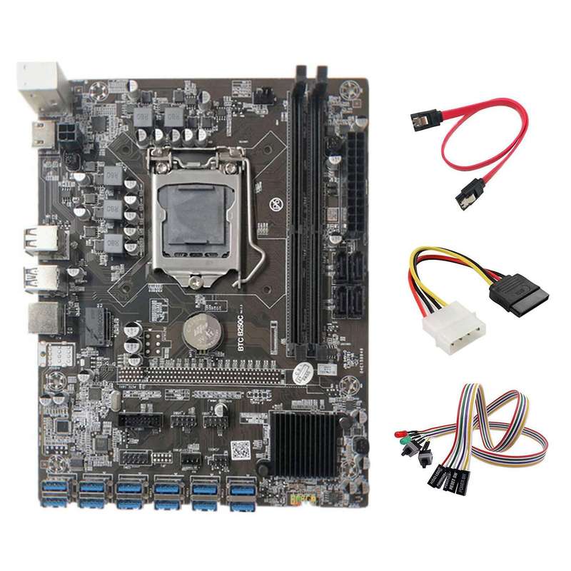 B250c Miner Motherboard+dual Switch Cable with Light+4pin Ide to Sata