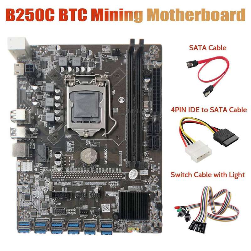 B250c Miner Motherboard+dual Switch Cable with Light+4pin Ide to Sata