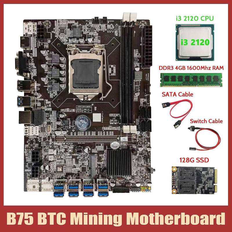 B75 Mining Motherboard+i3 2120 Cpu+ddr3 4gb 1600mhz Ram+sata Cable