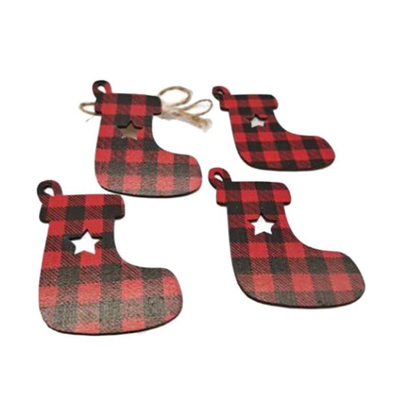 10pcs Wooden Pendants Single Side Red Lattice Snowflake Xmas Gift 14